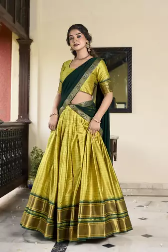 Parrot Cotton Silk Zari Weaving Paithani South Style Fully Stitched Lehenga,Unstitched Blouse With Dupatta