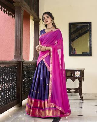 Navyblue Cotton Silk Zari Weaving Paithani South Style Fully Stitched Lehenga,Unstitched Blouse With Dupatta 4