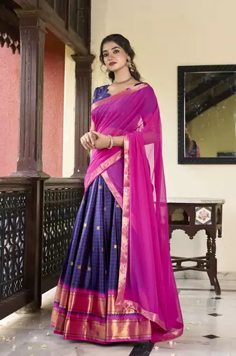 Navyblue Cotton Silk Zari Weaving Paithani South Style Fully Stitched Lehenga,Unstitched Blouse With Dupatta