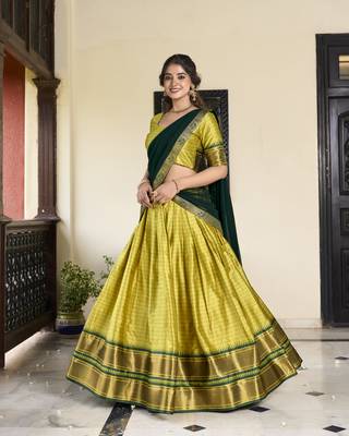 Parrot Cotton Silk Zari Weaving Paithani South Style Fully Stitched Lehenga,Unstitched Blouse With Dupatta 4