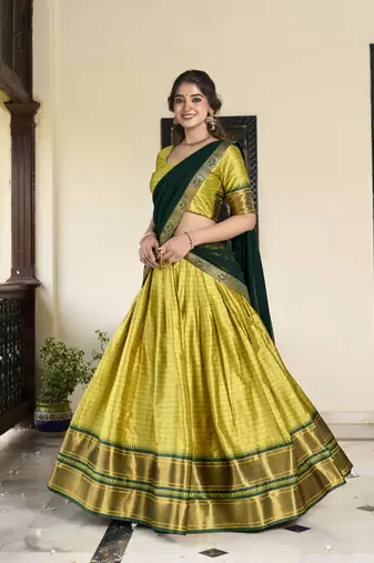 Parrot Cotton Silk Zari Weaving Paithani South Style Fully Stitched Lehenga,Unstitched Blouse With Dupatta