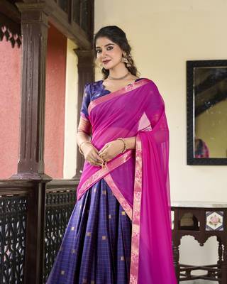 Navyblue Cotton Silk Zari Weaving Paithani South Style Fully Stitched Lehenga,Unstitched Blouse With Dupatta 5