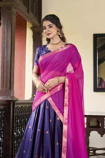 Navyblue Cotton Silk Zari Weaving Paithani South Style Fully Stitched Lehenga,Unstitched Blouse With Dupatta