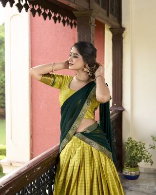 Parrot Cotton Silk Zari Weaving Paithani South Style Fully Stitched Lehenga,Unstitched Blouse With Dupatta 5