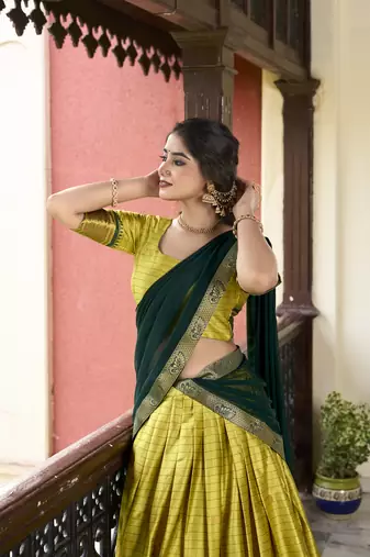 Parrot Cotton Silk Zari Weaving Paithani South Style Fully Stitched Lehenga,Unstitched Blouse With Dupatta