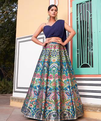 Navy Blue Banarasi Silk Jacquard Woven Lehenga set with choli and dupatta 1