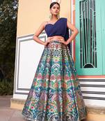 Navy Blue Banarasi Silk Jacquard Woven Lehenga Choli