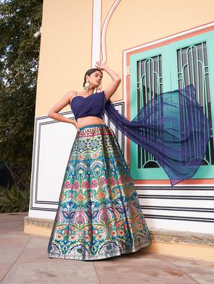 Navy Blue Banarasi Silk Jacquard Woven Lehenga set with choli and dupatta 2