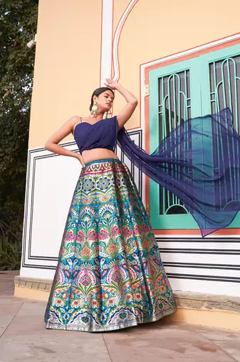 Navy Blue Banarasi Silk Jacquard Woven Lehenga set with choli and dupatta