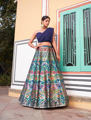 Navy Blue Banarasi Silk Jacquard Woven Lehenga set with choli and dupatta 3