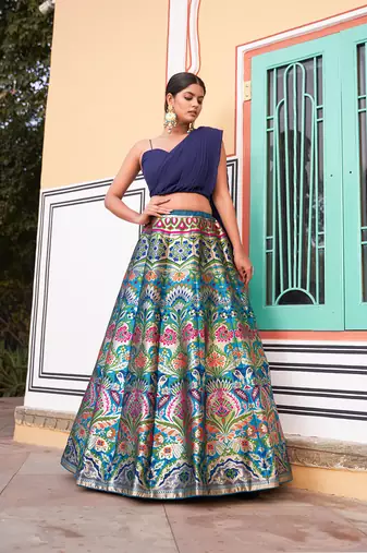 Navy Blue Banarasi Silk Jacquard Woven Lehenga set with choli and dupatta