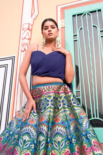 Navy Blue Banarasi Silk Jacquard Woven Lehenga set with choli and dupatta
