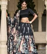 Black Tussar Silk Floral Print With Lace Touch Up Fully Stitcheed LehengaUnstitched Blouse With Dupatta