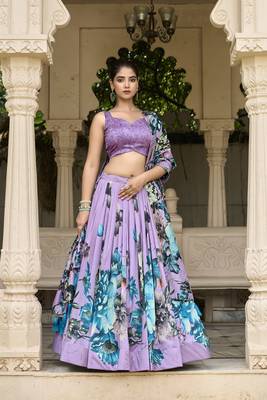 Lavender Tussar Silk Floral Print With Lace Touch Up Fully Stitcheed Lehenga Blouse With Dupatta 1