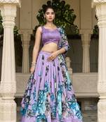 Lavender Tussar Silk Floral Print With Lace Touch Up Fully Stitcheed LehengaUnstitched Blouse With Dupatta