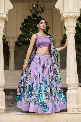 Lavender Tussar Silk Floral Print With Lace Touch Up Fully Stitcheed Lehenga Blouse With Dupatta 3