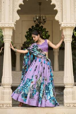 Lavender Tussar Silk Floral Print With Lace Touch Up Fully Stitcheed Lehenga Blouse With Dupatta 4