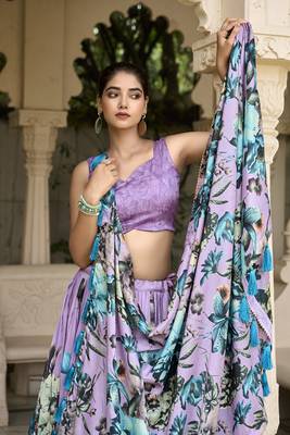 Lavender Tussar Silk Floral Print With Lace Touch Up Fully Stitcheed Lehenga Blouse With Dupatta 5