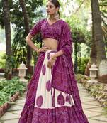 Wine Tussar Silk With Bandhej Print Fully Stitched LehengaUnstitched Blouse With Dupatta