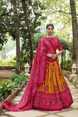 Mustard Tussar Silk With Bandhej Print Fully Stitched LehengaUnstitched Blouse With Dupatta 1