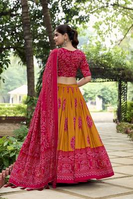 Mustard Tussar Silk With Bandhej Print Fully Stitched LehengaUnstitched Blouse With Dupatta 2