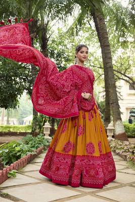 Mustard Tussar Silk With Bandhej Print Fully Stitched LehengaUnstitched Blouse With Dupatta 3