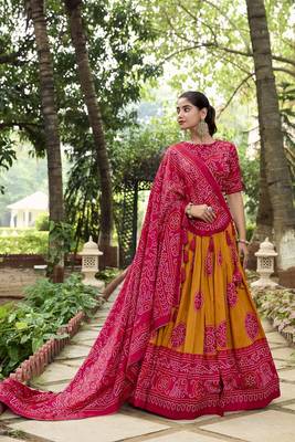 Mustard Tussar Silk With Bandhej Print Fully Stitched LehengaUnstitched Blouse With Dupatta 4