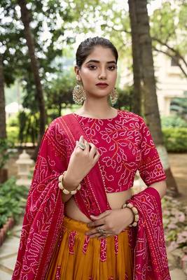 Mustard Tussar Silk With Bandhej Print Fully Stitched LehengaUnstitched Blouse With Dupatta 5