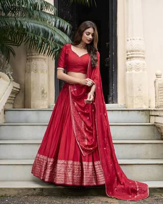 Red Chanderi Plain With Zari Weaving Work Border Fully Stitched Lehenga Blouse With Dupatta 1