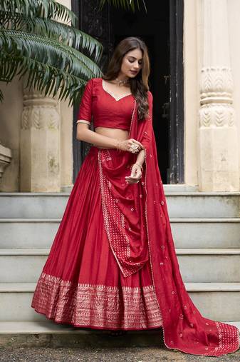 Red Chanderi Plain With Zari Weaving Work Border Fully Stitched LehengaUnstitched Blouse With Dupatta