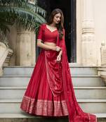 Red Chanderi Plain With Zari Weaving Work Border Fully Stitched LehengaUnstitched Blouse With Dupatta