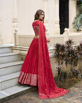 Red Chanderi Plain With Zari Weaving Work Border Fully Stitched Lehenga Blouse With Dupatta 3