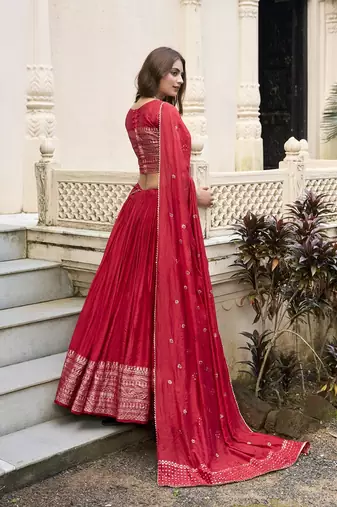 Red Chanderi Plain With Zari Weaving Work Border Fully Stitched Lehenga Blouse With Dupatta