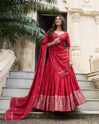 Red Chanderi Plain With Zari Weaving Work Border Fully Stitched Lehenga Blouse With Dupatta 4