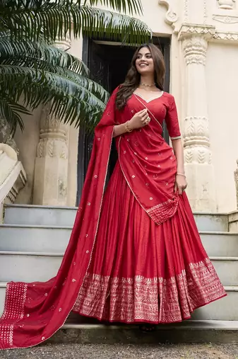 Red Chanderi Plain With Zari Weaving Work Border Fully Stitched Lehenga Blouse With Dupatta