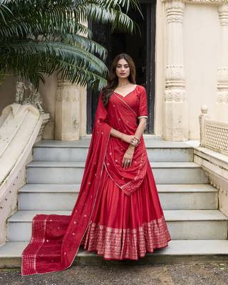 Red Chanderi Plain With Zari Weaving Work Border Fully Stitched Lehenga Blouse With Dupatta 5