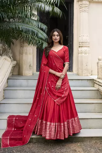 Red Chanderi Plain With Zari Weaving Work Border Fully Stitched Lehenga Blouse With Dupatta