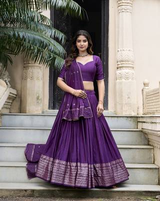 Purple Chanderi Plain With Zari Weaving Work Border Fully Stitched Lehenga Blouse With Dupatta 1