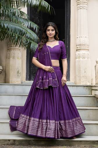 Purple Chanderi Plain With Zari Weaving Work Border Fully Stitched LehengaUnstitched Blouse With Dupatta