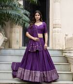 Purple Chanderi Plain With Zari Weaving Work Border Fully Stitched LehengaUnstitched Blouse With Dupatta