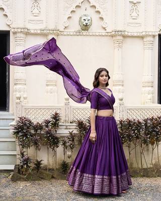 Purple Chanderi Plain With Zari Weaving Work Border Fully Stitched Lehenga Blouse With Dupatta 4