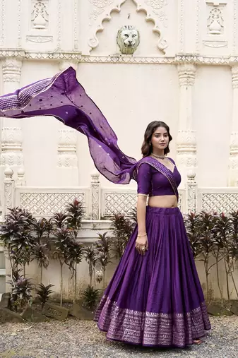 Purple Chanderi Plain With Zari Weaving Work Border Fully Stitched Lehenga Blouse With Dupatta