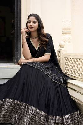 Black Chanderi Plain With Zari Weaving Work Border Fully Stitched LehengaUnstitched Blouse With Dupatta 5