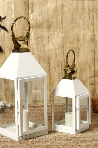 Metal White Candle Lantern Handcrafted for Home Decor (14x14x43 CM) (18x18x61 CM) (Pack of 2)