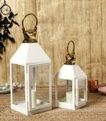 Metal White Candle Lantern Handcrafted for Home Decor (14x14x43 CM) (18x18x61 CM) (Pack of 2)