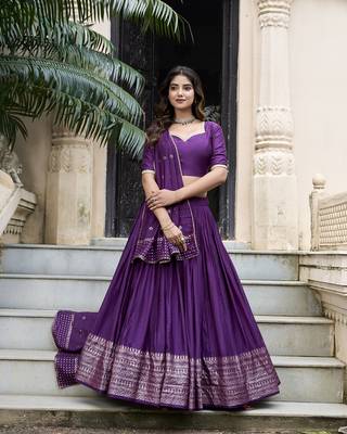 Purple Chanderi Plain With Zari Weaving Work Border Fully Stitched Lehenga Blouse With Dupatta 5