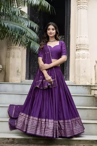 Purple Chanderi Plain With Zari Weaving Work Border Fully Stitched Lehenga Blouse With Dupatta