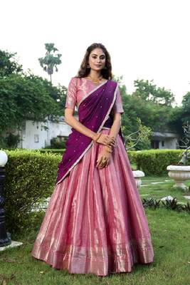Pink Kanchipuram Zari Weaving Work South Style Fully Stitched Lehenga Blouse With Dupatta 1