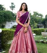 Pink Kanchipuram Zari Weaving Work South Style Fully Stitched LehengaUnstitched Blouse With Dupatta