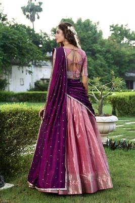 Pink Kanchipuram Zari Weaving Work South Style Fully Stitched Lehenga Blouse With Dupatta 2